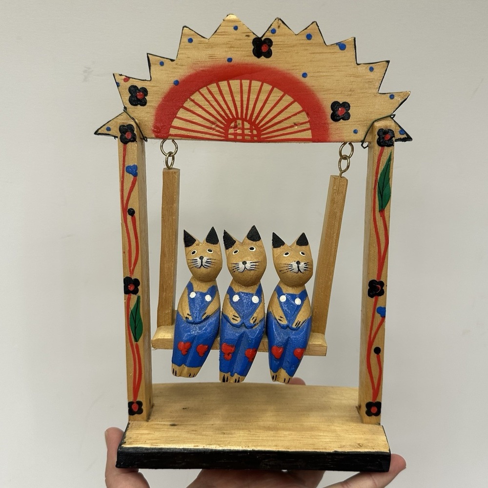 Hand Carved Painted 3 Wooden Cats Figurines Sitting on a Swing Folk Art Handmade
